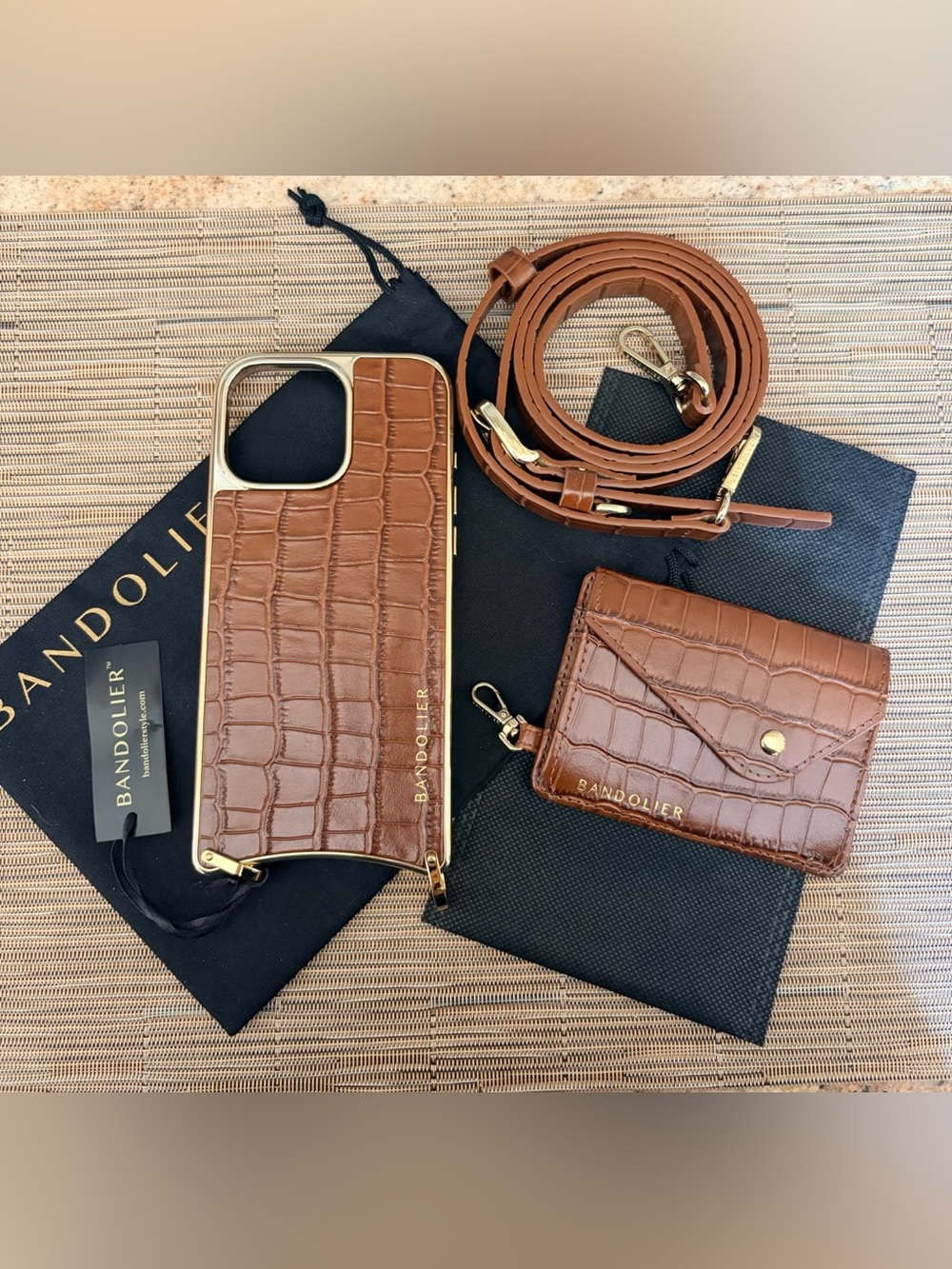 Bandolier Brown Croc Leather Crossbody Phone Case Set with Card Holder & Strap